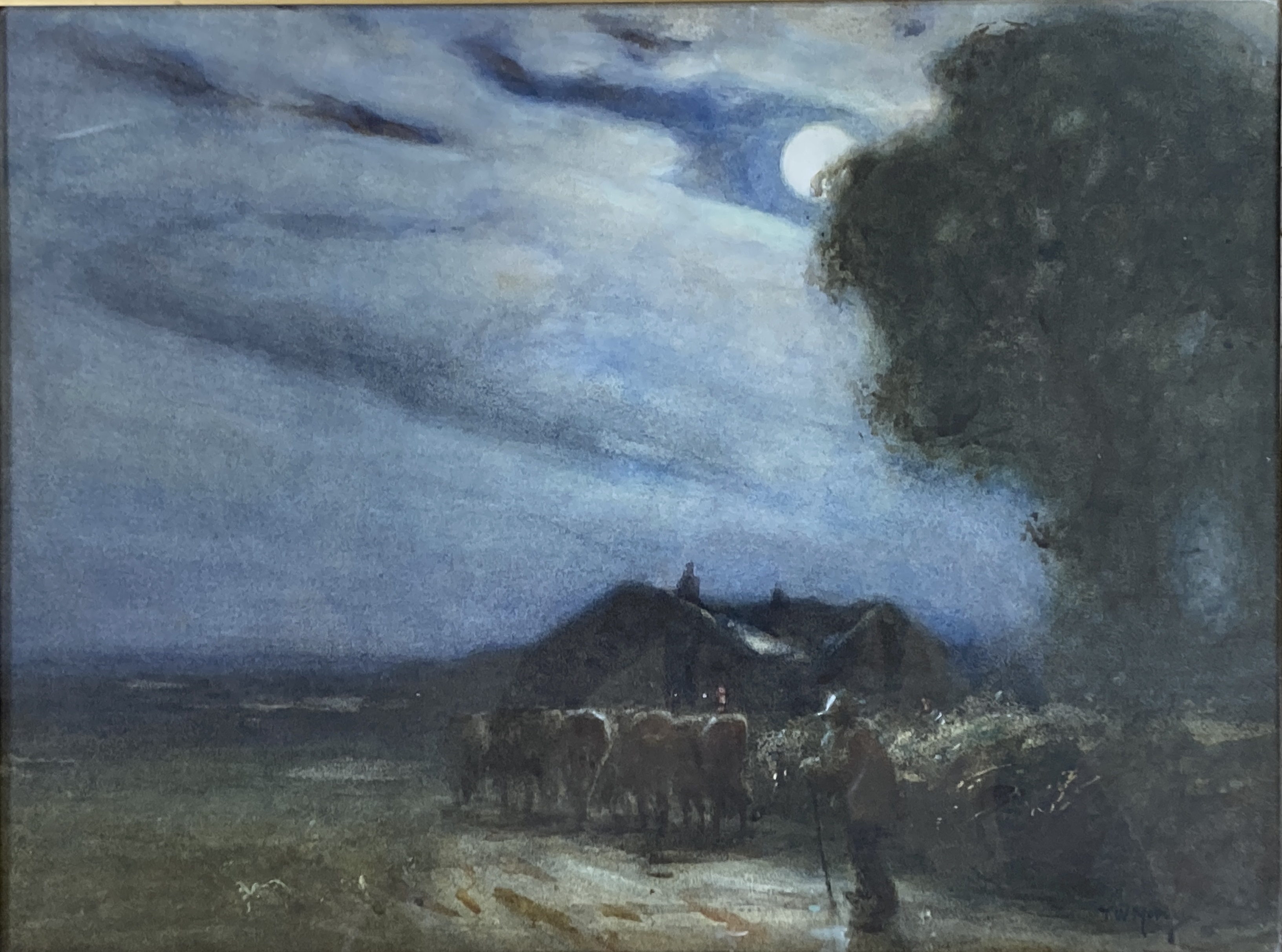 Thomas William Morley (1859-1925), watercolour, Cattle drover under moonlight, signed and dated '05, 29 x 39cm